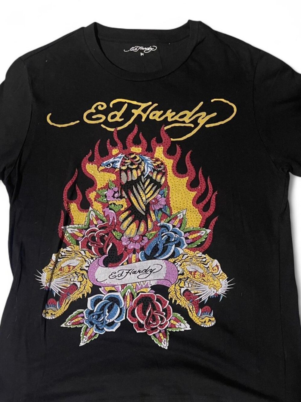 Ed Hardy Shirt Men's Medium Black Rhinestone Eagle Tiger Y2K Graphic Tee